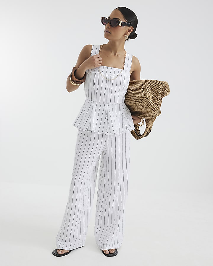 Petite White Stripe Peplum Jumpsuit
