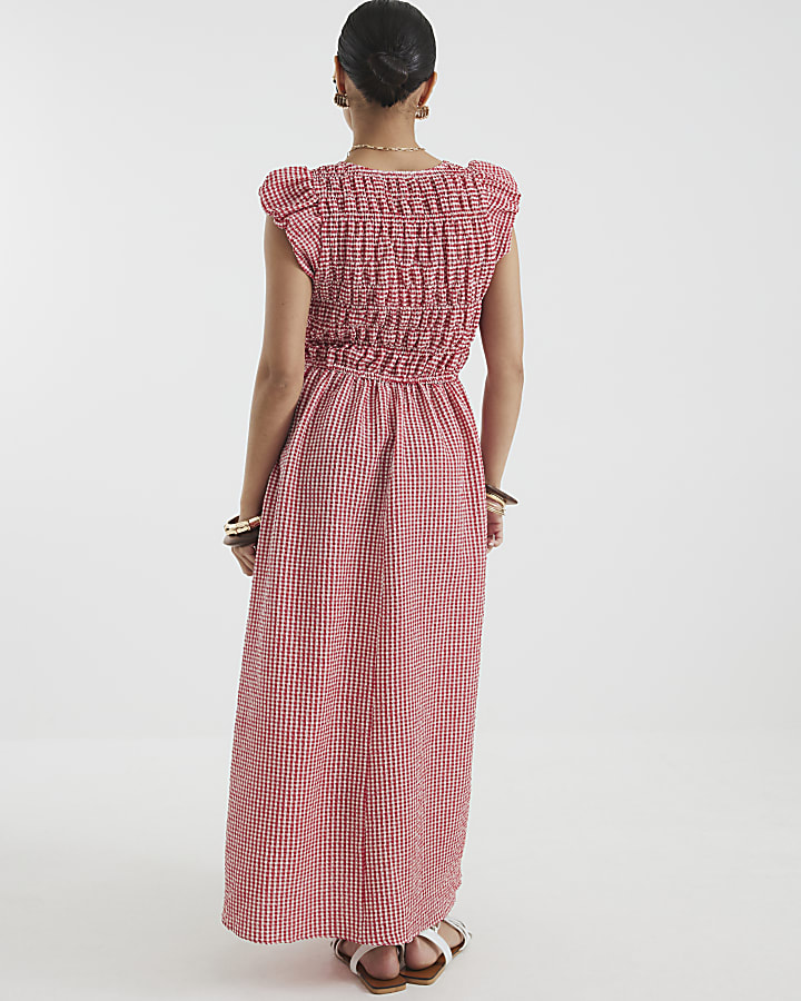 Petite Red Gingham Shirred Midi Dress