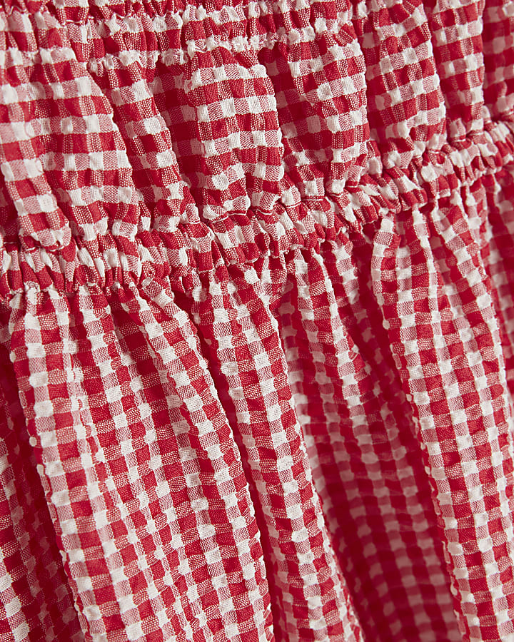 Petite Red Gingham Shirred Midi Dress