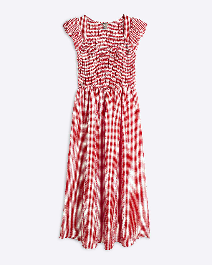 Petite Red Gingham Shirred Midi Dress