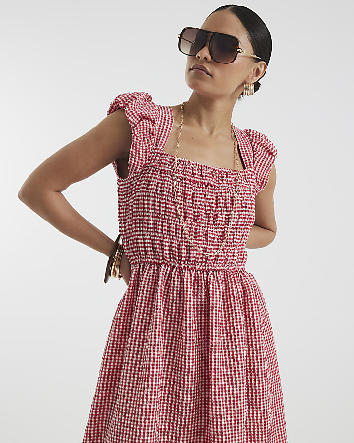 Petite Red Gingham Shirred Midi Dress