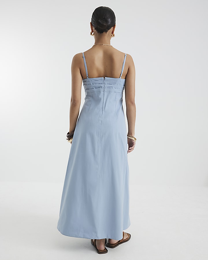 Petite Blue Pintuck Waist Midi Dress
