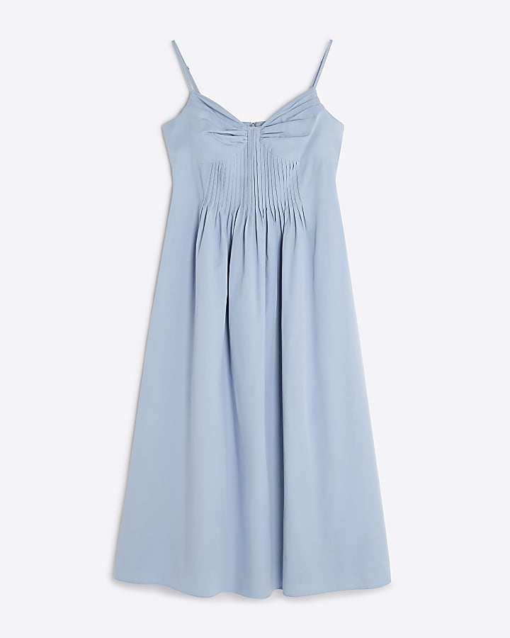 Petite Blue Pintuck Waist Midi Dress