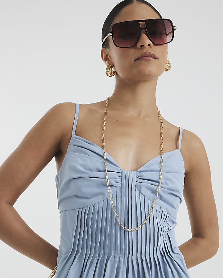 Petite Blue Pintuck Waist Midi Dress