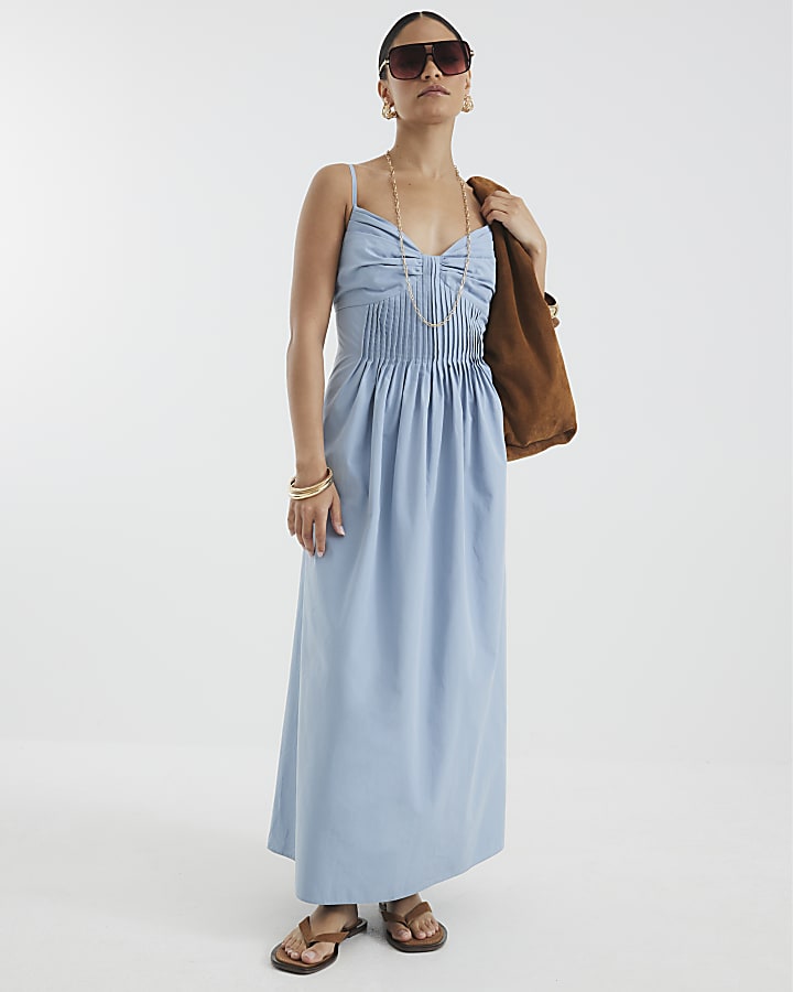 Petite Blue Pintuck Waist Midi Dress