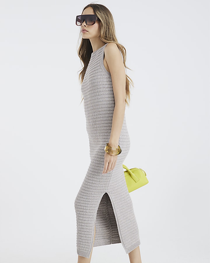 Grey Sleeveless Metallic Crochet Maxi Dress