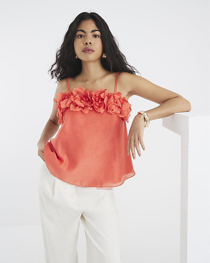 Orange 3D Floral Trim Cami Top