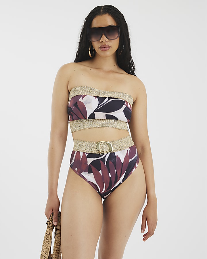 Black Leaf Bandeau Bikini Top
