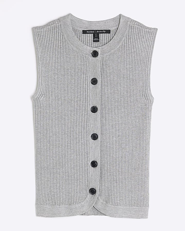 Grey Knitted Curved Hem Ribbed Top
