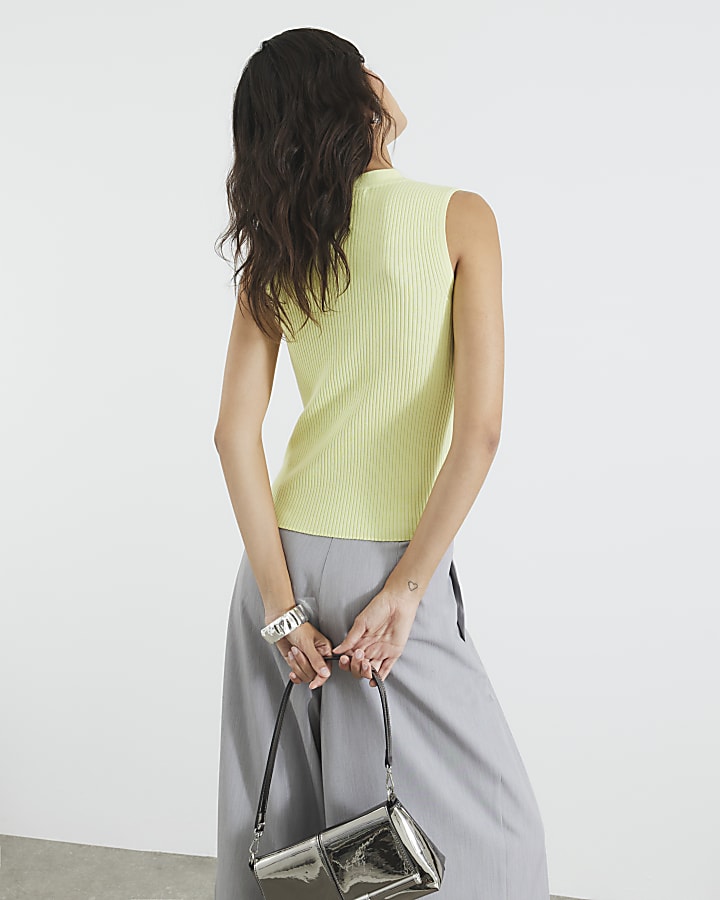 Green Knitted Curved Hem Ribbed Top