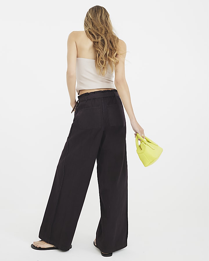 Brown Paperbag Belted Wide Leg Jeans