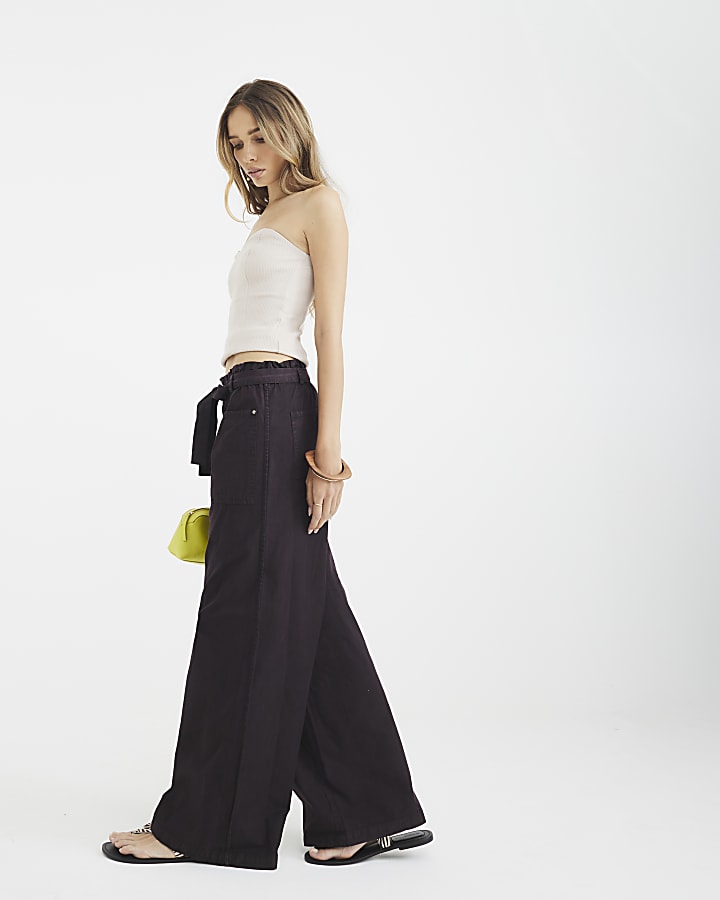 Brown Paperbag Belted Wide Leg Jeans