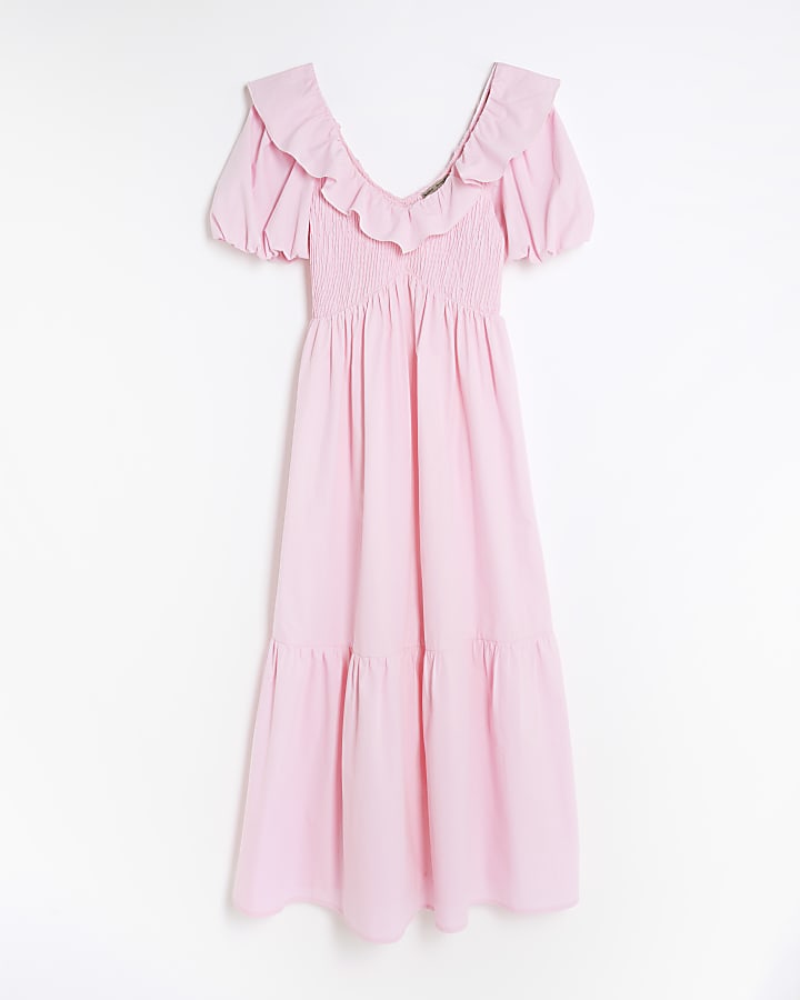 Petite Pink V Neck Frill Midi Dress