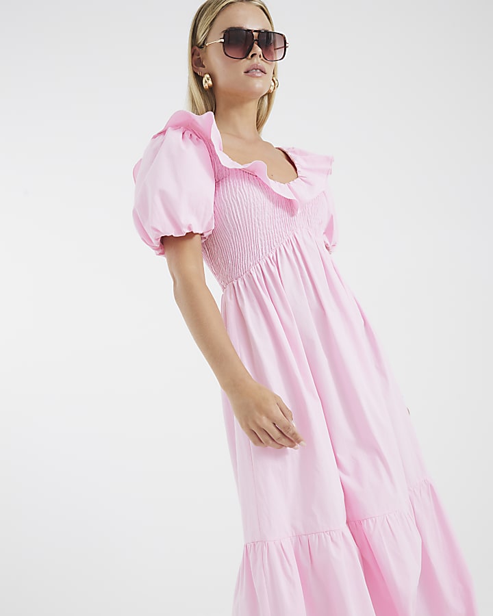 Petite Pink V Neck Frill Midi Dress
