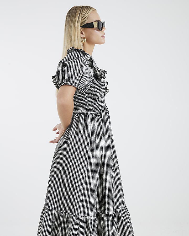 Petite Black Gingham V Neck Frill Midi Dress