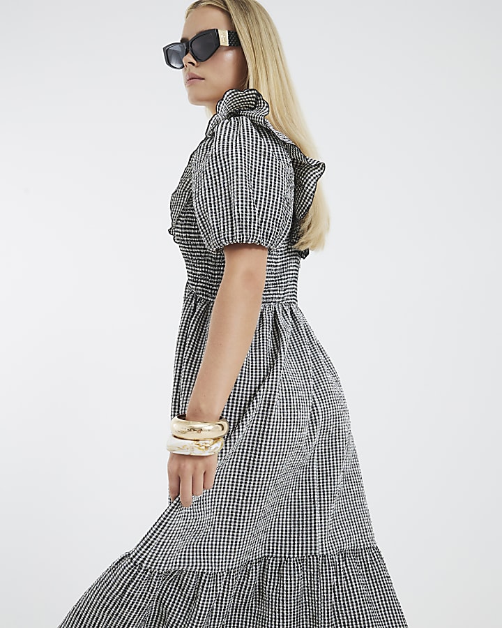 Petite Black Gingham V Neck Frill Midi Dress