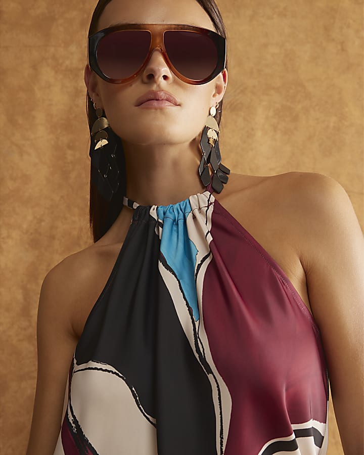 Blue Satin Abstract Print Halter Neck Top