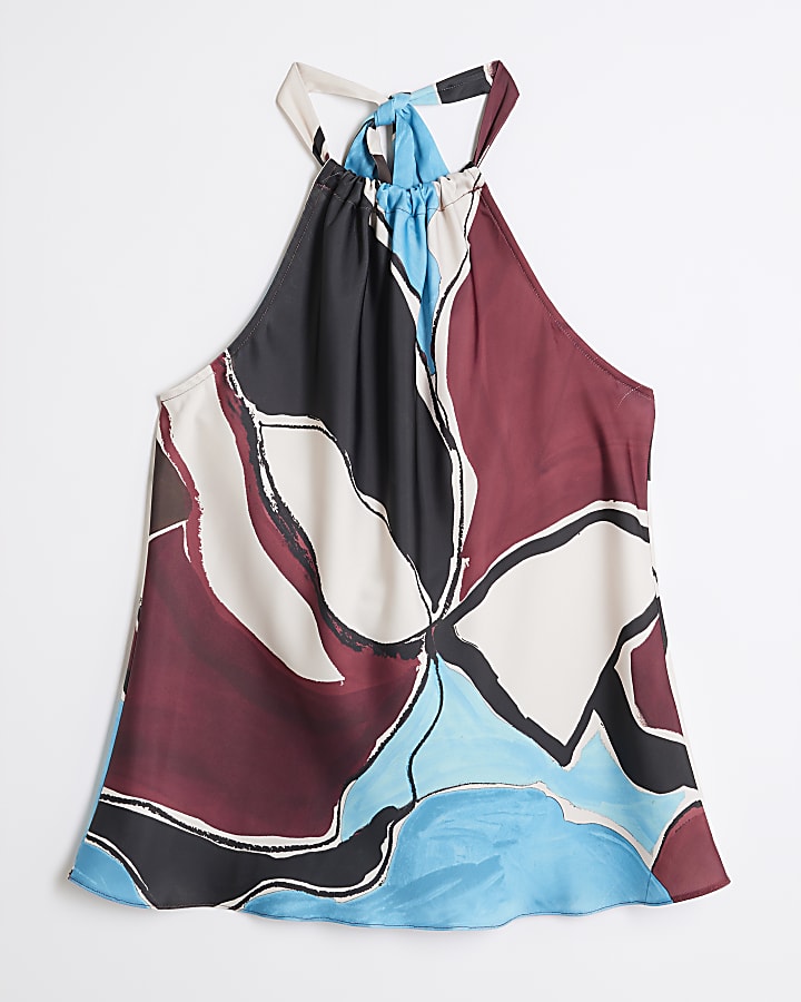 Blue Satin Abstract Print Halter Neck Top