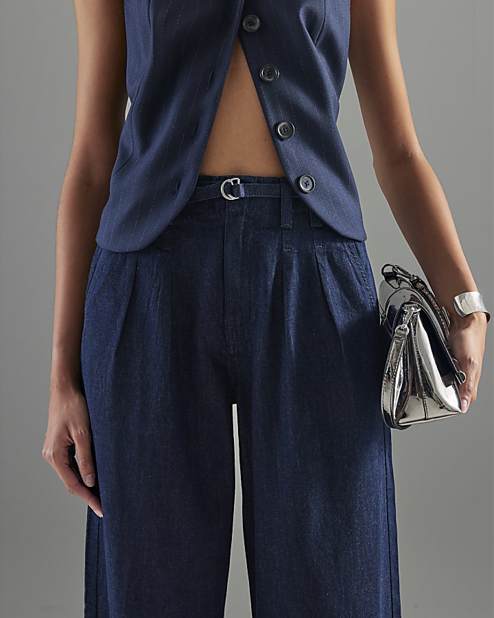 Blue Wide Leg Tie Front Jeans