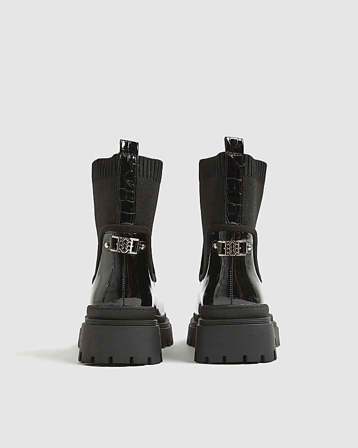 Black Knit Chunky Ankle Boots
