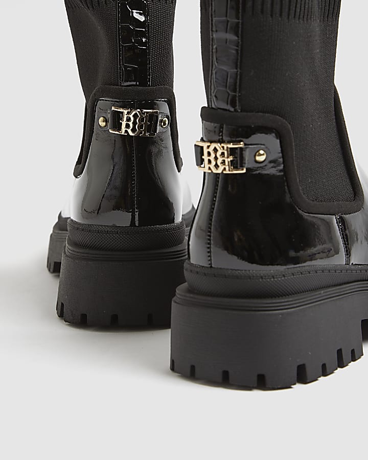 Black Knit Chunky Ankle Boots