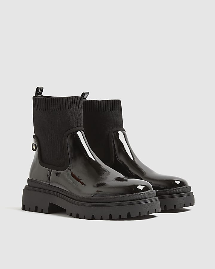 Black Knit Chunky Ankle Boots