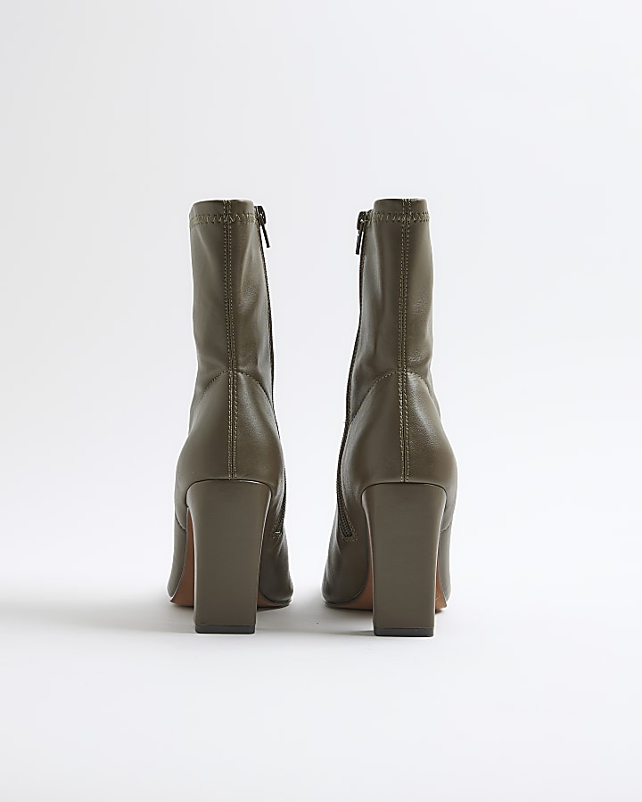Khaki Square Toe Heel Boots