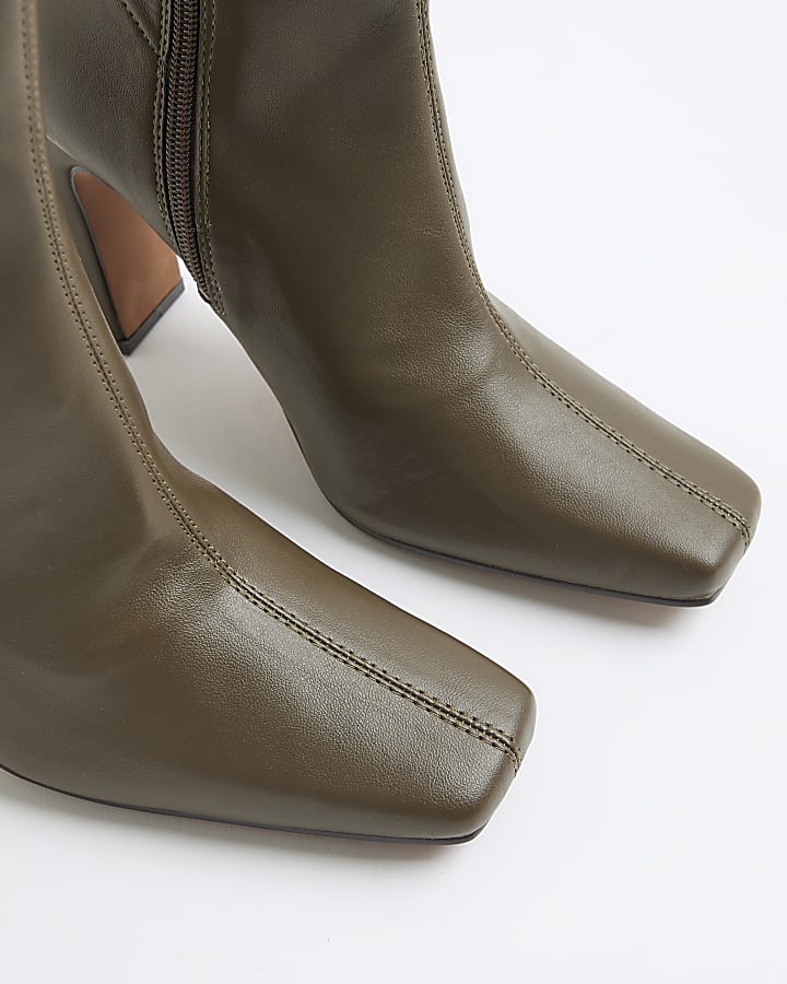 Khaki Square Toe Heel Boots