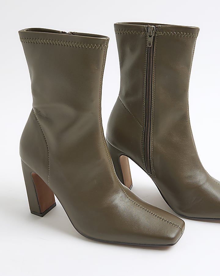 Khaki Square Toe Heel Boots