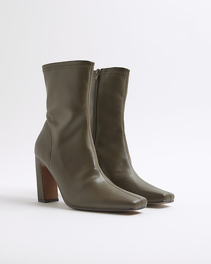 Khaki Square Toe Heel Boots