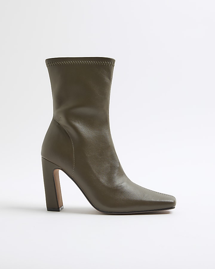 Khaki Square Toe Heel Boots