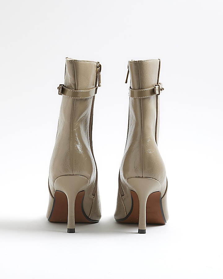 Beige Square Toe Heeled Ankle Boots
