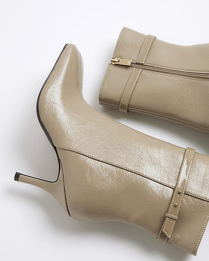 Beige Square Toe Heeled Ankle Boots
