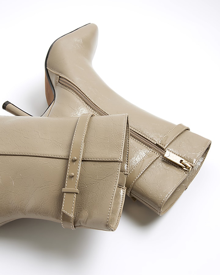 Beige Square Toe Heeled Ankle Boots