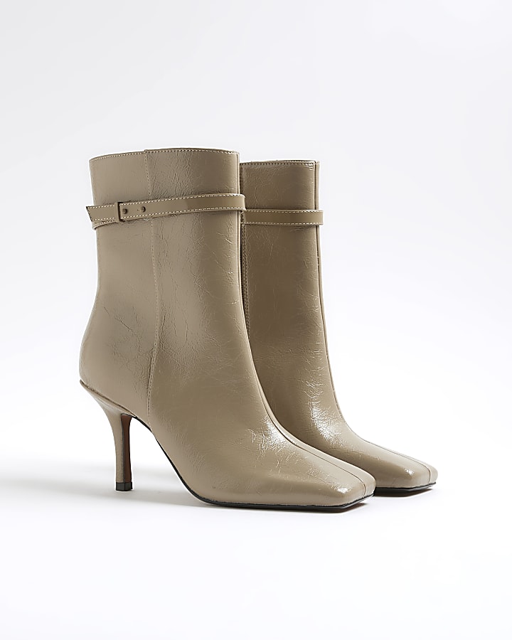 Beige Square Toe Heeled Ankle Boots