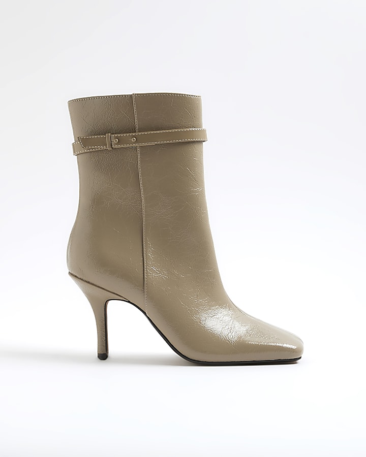 Beige Square Toe Heeled Ankle Boots