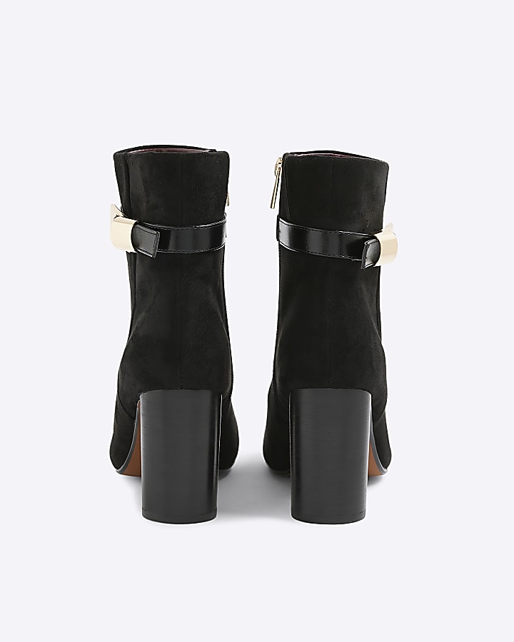 Black Faux Suede Block Heel Buckle Boots