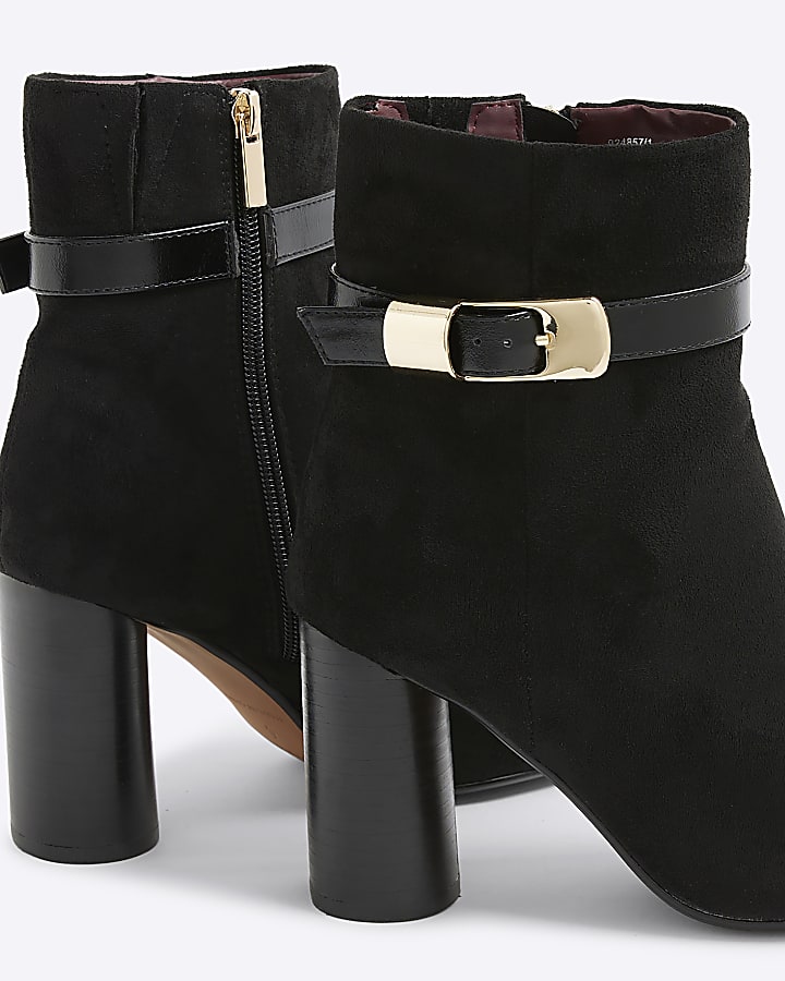 Black Faux Suede Block Heel Buckle Boots