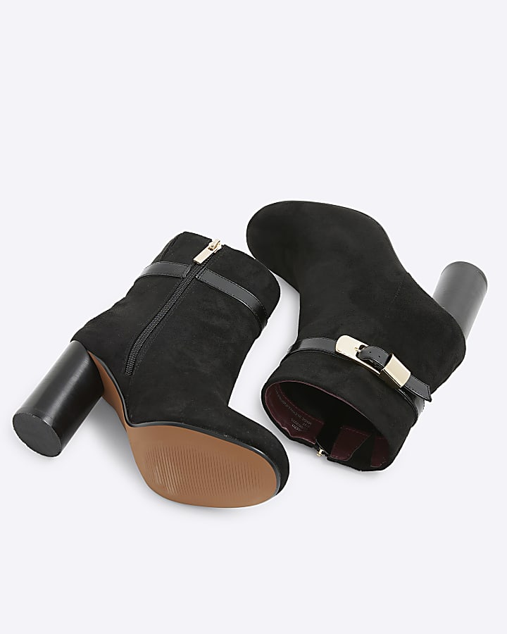 Black Faux Suede Block Heel Buckle Boots