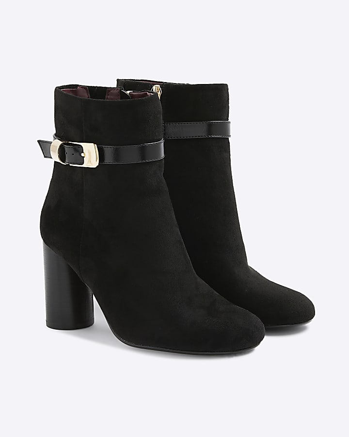 Black Faux Suede Block Heel Buckle Boots
