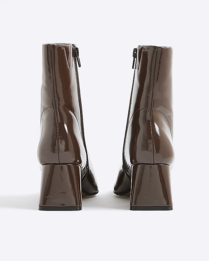 Brown Patent Block Heel Ankle Boots