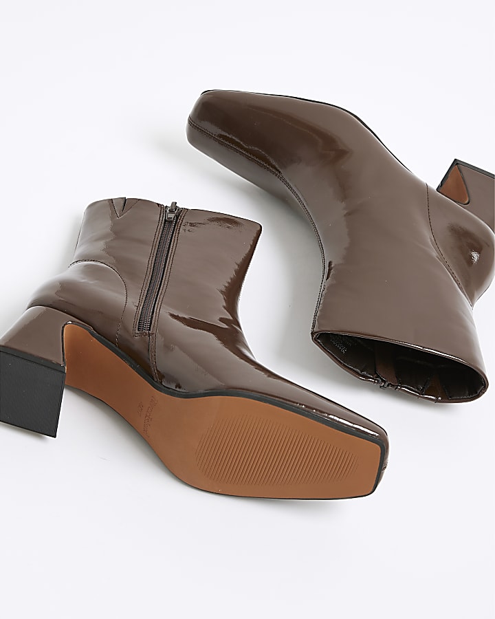 Brown Patent Block Heel Ankle Boots