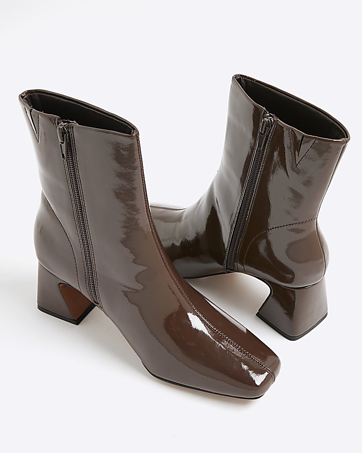 Brown Patent Block Heel Ankle Boots