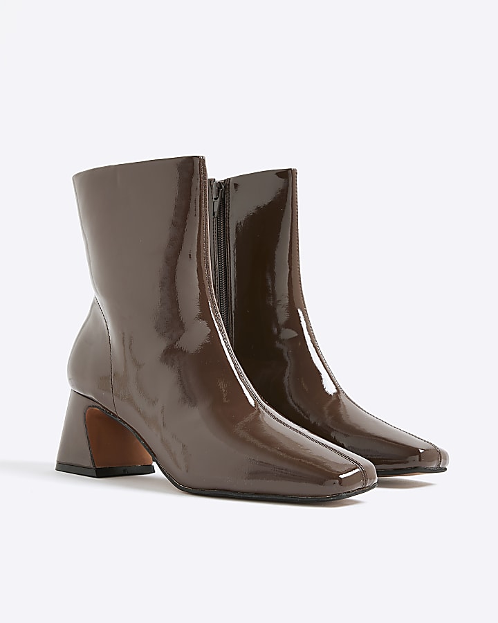 Brown Patent Block Heel Ankle Boots