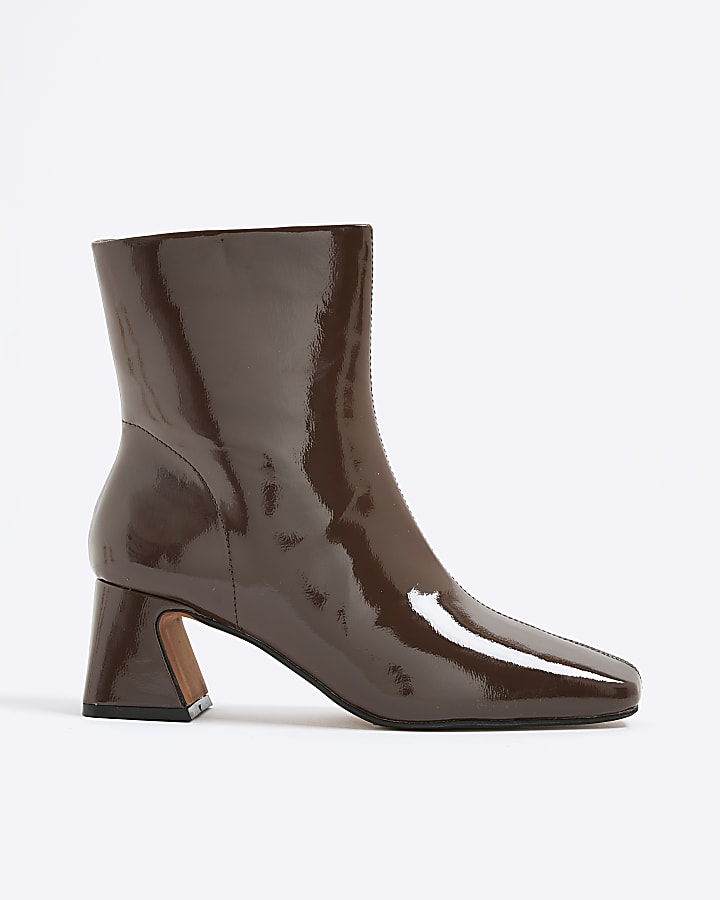 Brown Patent Block Heel Ankle Boots