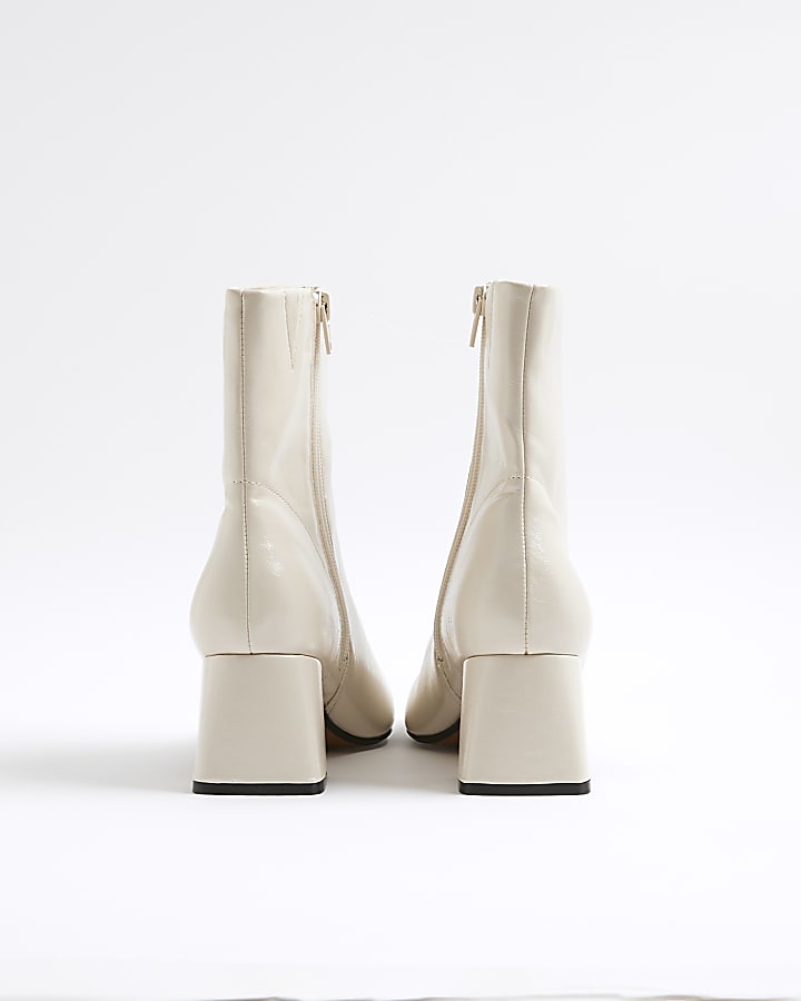 Cream Block Heel Ankle Boots