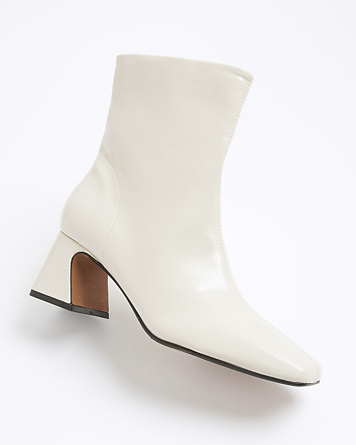 Cream Block Heel Ankle Boots