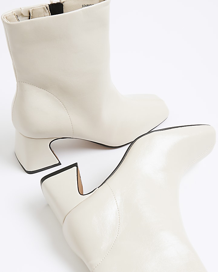Cream Block Heel Ankle Boots
