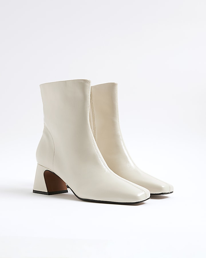 Cream Block Heel Ankle Boots