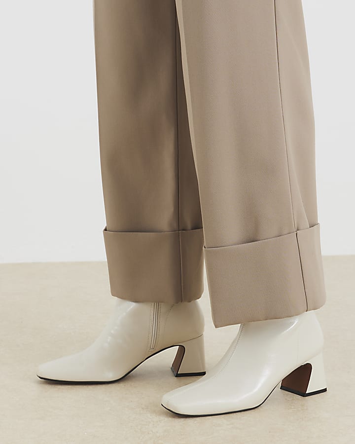 Cream Block Heel Ankle Boots